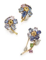 GOLD, GEM-SET, AND DIAMOND CLIP-BROOCH, CARTIER, LONDON AND PAIR OF EARCLIPS