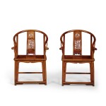 A pair of 'huali' horseshoe-back armchairs, 19th / 20th century | 十九 / 二十世紀 花梨木透雕麒麟紋圈椅一對