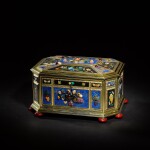 A Continental silver-gilt, carved hardstone, pietre dure inlaid and lapis lazuli casket, mid-19th century