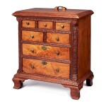 VERY RARE MINIATURE CHIPPENDALE CARVED AND FIGURED WALNUT CHEST OF DRAWERS, BERKS COUNTY, PENNSYLVANIA, CIRCA 1780