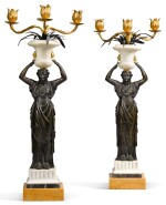  A PAIR OF ITALIAN PATINATED BRONZE AND GILT-BRONZE MARBLE THREE-LIGHT CANDELABRA, ROME LATE 18TH CENTURY