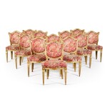 A set of twelve North Italian painted and parcel-gilt carved side chairs, Tuscany, circa 1780