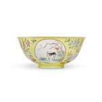 A fine yellow-ground famille-rose sgraffiato 'medallion' bowl, Seal mark and period of Daoguang | 清道光 粉彩黃地錦上添花粉彩開光三羊開泰圖盌 《大清道光年製》款
