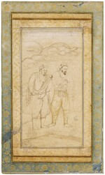 An illustration from Prince Khurram's Album: Two musicians playing, India, Mughal, circa 1600-10, the calligraphy signed by Khurram (later known as Shah Jahan), dated 1016 AH/1607-08 AD