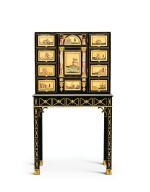 A GEORGE III STYLE PIETRE TENERE MOUNTED EBONISED WOOD CABINET-ON-STAND THE PANELS, FLORENCE, LATE 17TH CENTURY