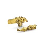 A set of gold-sheet embellished bronze 'tiger' staff finial and ferrule, Eastern Zhou dynasty 東周 青銅包金虎紋杖首及杖鐓一套兩件