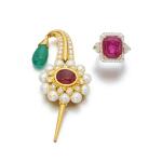 Gem set and diamond brooch and a ruby and diamond ring