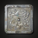 A bronze 'mythical beast' square mirror, Tang dynasty | 唐 銅瑞獸紋四方倭角鏡