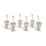 Set of six Victorian parcel-gilt silver egg cups, London, 1840 and six silver egg spoons, George Adams, London, 1855