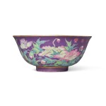 A large purple-ground famille-rose 'Dayazhai' 'bird and flowers' bowl, Qing dynasty, Guangxu period, circa 1876 | 清光緒 約1876年 紫地粉彩花鳥紋大盌 《大雅齋》《天地一家春》《永慶長春》款