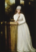 GEORGE ROMNEY | PORTRAIT OF ANNE, MARCHIONESS OF TOWNSHEND, FULL LENGTH, IN A WHITE DRESS WITH A WHITE MUSLIN CAP