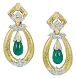 DAVID WEBB | PAIR OF GOLD, EMERALD AND DIAMOND EARCLIPS