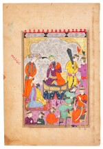 An illustrated and illuminated leaf from a manuscript of Firdausi's Shahnameh: Luhrasp enthroned, Persia, Qazwin, Safavid, last quarter 16th century