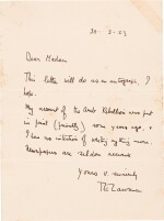 T E Lawrence | Autograph letter signed, to Dear Madam, 30 March 1923