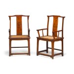 A rare pair of huanghuali yokeback armchairs, Late Ming dynasty | 明末 黃花梨四出頭方材官帽椅一對