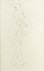 Femme nue debout de trois quarts vers la droite, main gauche près du corps, main droite en avant