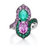 Burnished gold, pink sapphire and emerald ring, 'Entrelac' 