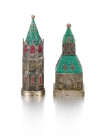 A pair of silver-gilt and enamel salt and pepper shakers, Antip Kuzmichev, Moscow, 1896-1908