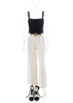 CHANEL | LINEN JUMPSUIT WITH MATCHING BELT AND PAIR OF BOOTS 