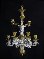 An exceptional gilt-bronze mounted Meissen porcelain nine-light chandelier, the shaft and arms modelled by J.J. Kä﻿ndler, circa 1739/40, and probably mounted in Berlin in the mid-18th Century.