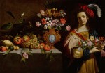Still life with fruits, a vase, birds and a youth with flower basket