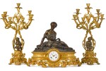 A GILT AND PATINATED BRONZE MANTEL CLOCK GARNITURE, RAINGO FRÈRES, PARIS, CIRCA 1860