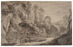 Mountainous landscape with figures walking by a river