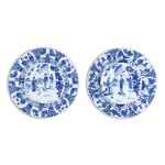 A pair of large blue and white 'ladies' lobed dishes, Marks and period of Kangxi | 清康熙 青花仕女圖花口大盤一對 《大清康熙年製》款