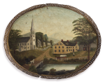 OVAL LANDSCAPE PAINTED TIN TOLEWARE TRAY, NEW ENGLAND, 19TH CENTURY