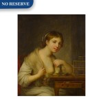 Portrait of a young woman seated at a desk with three birds
