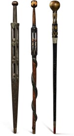 GROUP OF THREE CARVED AND PAINT-DECORATED WOOD WALKING STICKS, LATE 19TH AND EARLY 20TH CENTURY