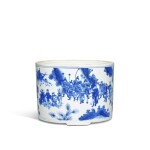 A large and finely painted blue and white 'Investiture of the Gods' brushpot, Ming dynasty, Chongzhen period | 明崇禎 青花伯夷叔齊叩馬阻兵圖大筆筒