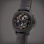 Reference PAM00528 Luminor 1950 Lo Scienziato | A limited edition black ceramic and titanium skeletonized tourbillon dual time wristwatch with day/night and power reserve indication, Circa 2014