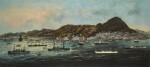 Chinese Export school, circa 1850, depicting a naval flotilla and other vessels off Hong Kong | 約1850年 外銷香港風景圖 油彩畫布 鏡框