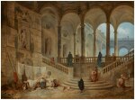 HUBERT ROBERT | VIEW OF THE PALAZZO DURAZZO, GENOA, WITH WASHERWOMEN AND OTHER FIGURES IN THE FOREGROUND