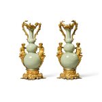A Pair of French Gilt-Bronze Mounted Chinese Green Celadon Glazed Triple-Gourd Vases, the porcelain Kangxi  (1662-1722)