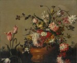 Still life with a vase of peonies and tulips