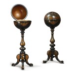 A MATCHED PAIR OF REGENCY SPHERICAL JAPANNED WORK TABLES ON TRIPOD BASES, EARLY 19TH CENTURY