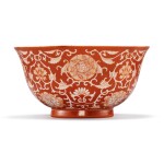  A CORAL-RED RESERVE-DECORATED 'FLORAL' BOWL,  QIANLONG SEAL MARK AND PERIOD