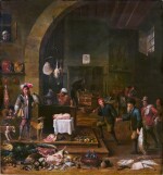 A grand palace kitchen interior, with a falconer returning from a hunt