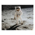 [APOLLO 11]. BUZZ ALDRIN AT TRANQUILITY BASE. LARGE COLOR PHOTOGRAPH, SIGNED AND INSCRIBED BY BUZZ ALDRIN