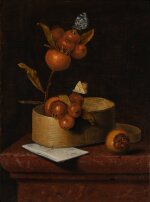 Still Life with Medlars, a Chip-Wood Box, Butterflies, and a Letter on a Marble Ledge