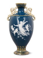 A MINTONS PÂTE-SUR-PÂTE PEACOCK-BLUE-GROUND TWO-HANDLED VASE, 1894