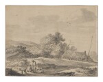 PIETER MOLIJN | TWO MEN AND THREE DOGS IN A DUNE LANDSCAPE, WITH A FARMSTEAD BEHIND