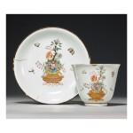 A RARE CHINESE DUTCH-DECORATED BEAKER AND SAUCER THE PORCELAIN QING DYNASTY, KANGXI PERIOD, THE DECORATION BEFORE 1721 | 清康熙 白釉荷蘭後加彩花蝶圖仰鐘式盃連盞 