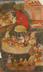 AKBAR AND HIS ENTOURAGE JOURNEY BY BOAT, ILLUSTRATED PAGE FROM THE 'FIRST' (VICTORIA AND ALBERT MUSEUM) AKBARNAMA, INDIA, MUGHAL, CIRCA 1590-95