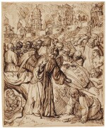 DUTCH SCHOOL, EARLY 17TH CENTURY | BIBLICAL SCENE, WITH AN ANGEL-PRIEST HEALING A KNEELING FIGURE, AS CROWDS POUR OUT OF A BURNING CITY BEHIND