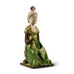 A sancai-glazed pottery figure of a seated court lady, Tang dynasty | 唐 三彩仕女坐俑