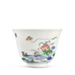 A wucai 'lotus' month cup, Mark and period of Kangxi 清康熙 五彩六月荷花花神盃 《大清康熙年製》款