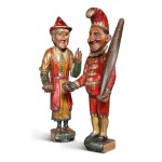 VERY FINE AND RARE CARVED AND POLYCHROME PAINT-DECORATED PINE FIGURES OF PUNCH AND JUDY, RICHARD GILBERT OAKES (1827-1916), JOLIET CITY, WILL CO., ILLINOIS, CIRCA 1875-85